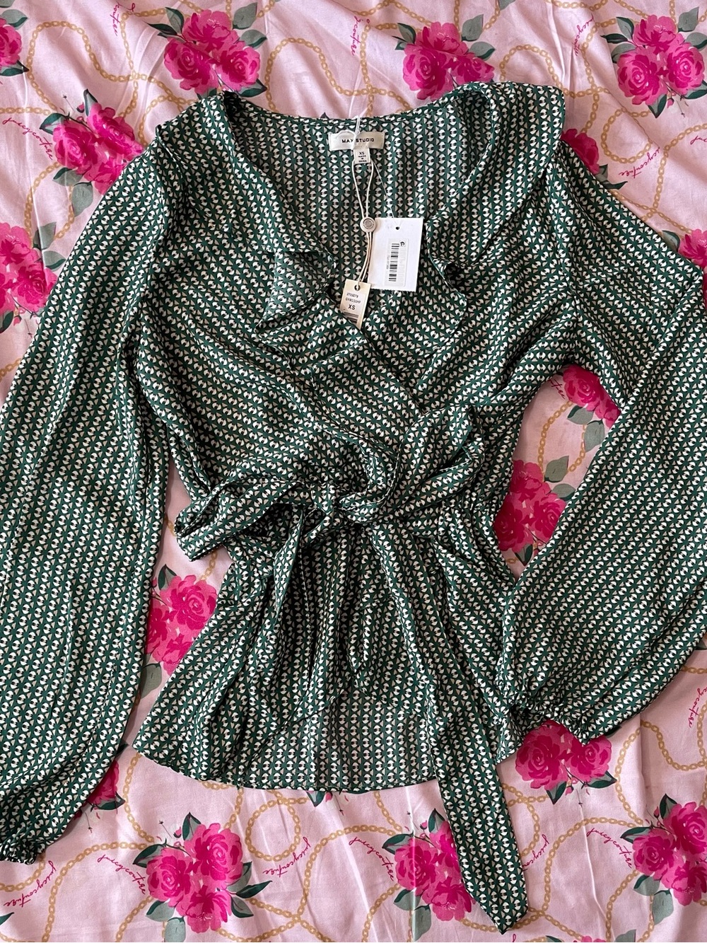 Max Studio Green Printed Wrap Blouse